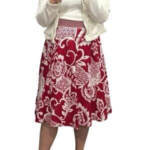 DRESS‎ BARN Red Tropical Floral Poplin Cotton Elastic Waist Skirt Women's